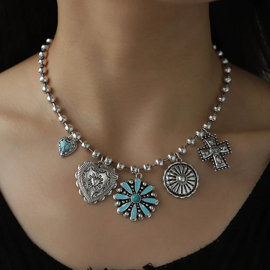 Personalised Turquoise Wax Rope Necklace with Embossed Vintage Cross pendant