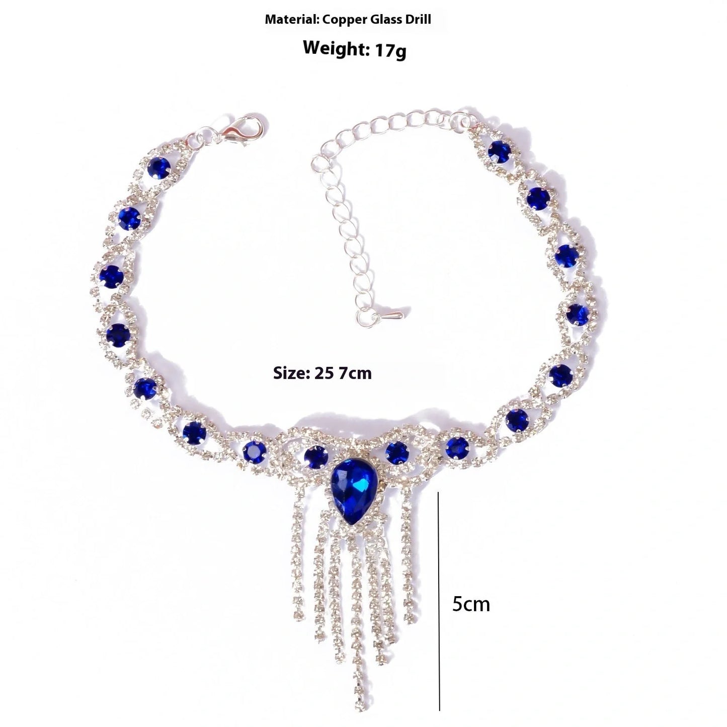 Elegant blue rhinestone tassel anklet for women, perfect for adding glamour to any outfit.