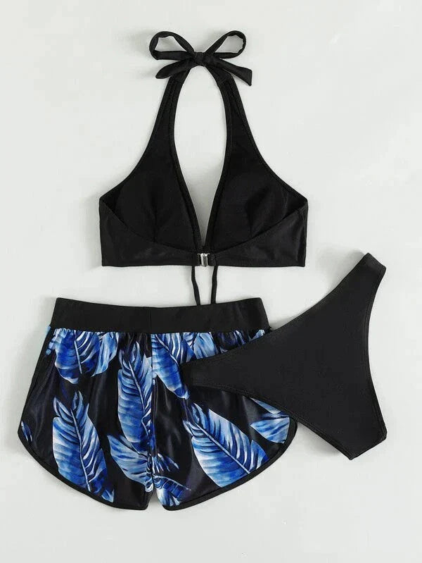Stylish leaf print bikini with matching shorts in a variety of vibrant colors and patterns