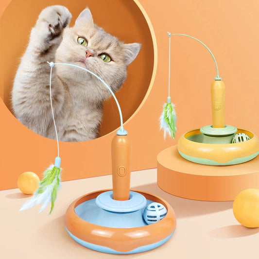 Interactive 2-in-1 cat toy with feather for self-play, orange-blue and yellow-green options