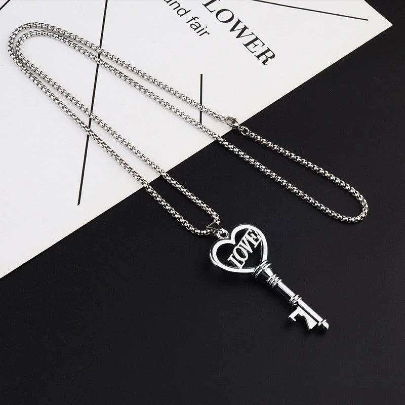 Elegant stainless steel heart key pendant choker necklace for women
