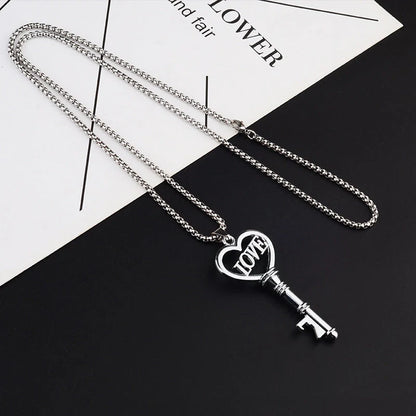 Elegant stainless steel heart key pendant choker necklace for women