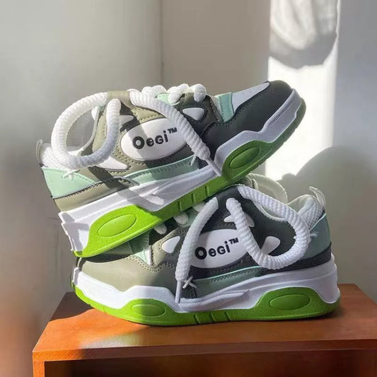 Women's round toe mid heel sneakers with muffin bottom design in black and fluorescent green