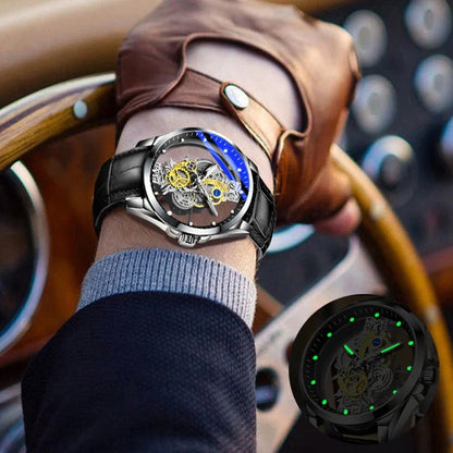 Men's skeleton automatic quartz watch with gold finish and mineral glass face