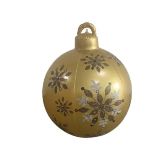 Vibrant inflatable Christmas baubles in a variety of colours and patterns, perfect for outdoor holiday decoration