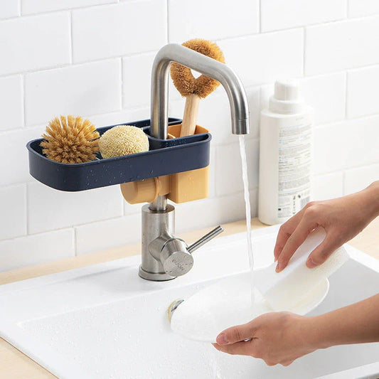 A versatile faucet-mounted sink caddy with compartments for storing sponges, detergent, and other kitchen essentials