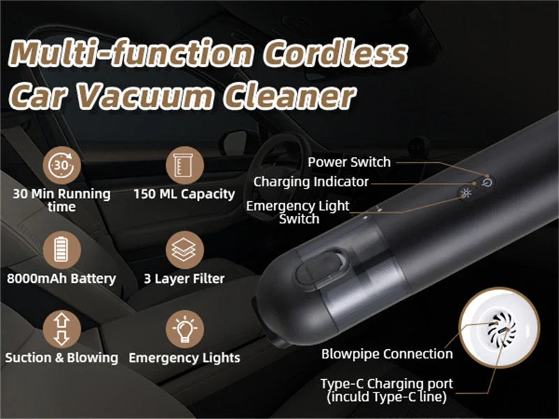Shell Multifunctional Car Vacuum Cleaner with 10kPa suction, blowing function, and USB charging port