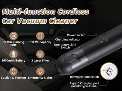 Shell Multifunctional Car Vacuum Cleaner with 10kPa suction, blowing function, and USB charging port