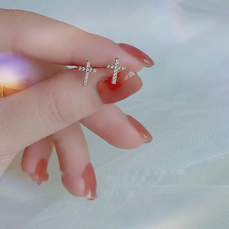 Stainless steel cross earrings with zircon inlay in white gold and gold colours