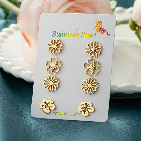 Fashion simulation stud earrings in gold, steel, rose gold, and black