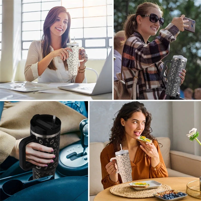 40oz stainless steel coffee mug with handle and straw, BPA-free, various colours available