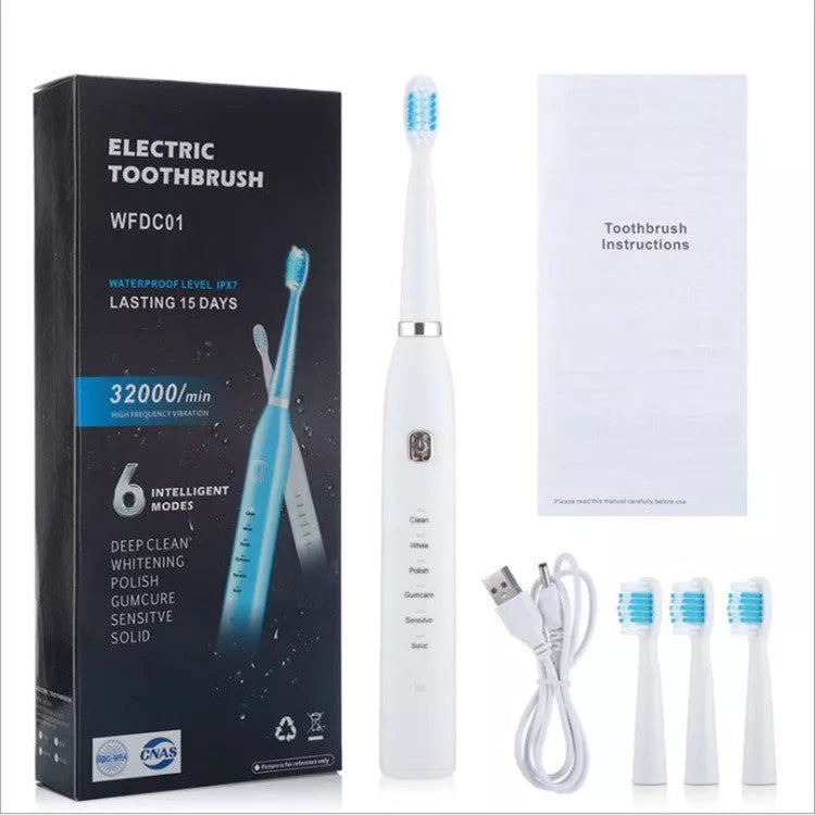 USB charging electric toothbrush in white, pink, and blue with multi-gear vibration
