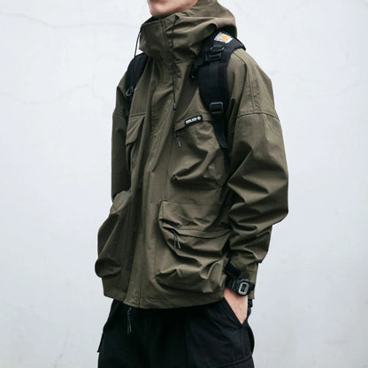 Men's hooded jacket in black, yellow, or green with windproof feature and three-dimensional pockets