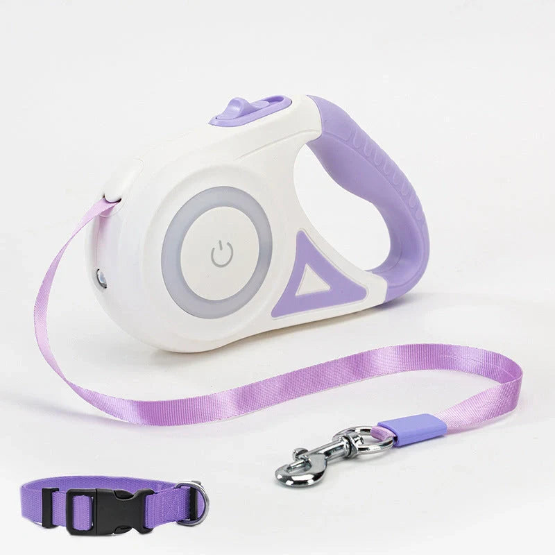 Retractable dog leash with automatic brake system in dream purple, sunshine orange, and mint green