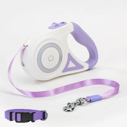 Retractable dog leash with automatic brake system in dream purple, sunshine orange, and mint green