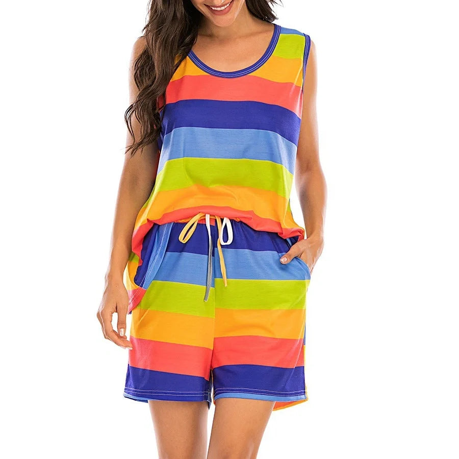 Women's rainbow stripes short sleeve pajama set for comfortable nightwear