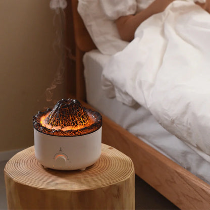 Small simulated flame volcano humidifier with aroma diffuser and remote control
