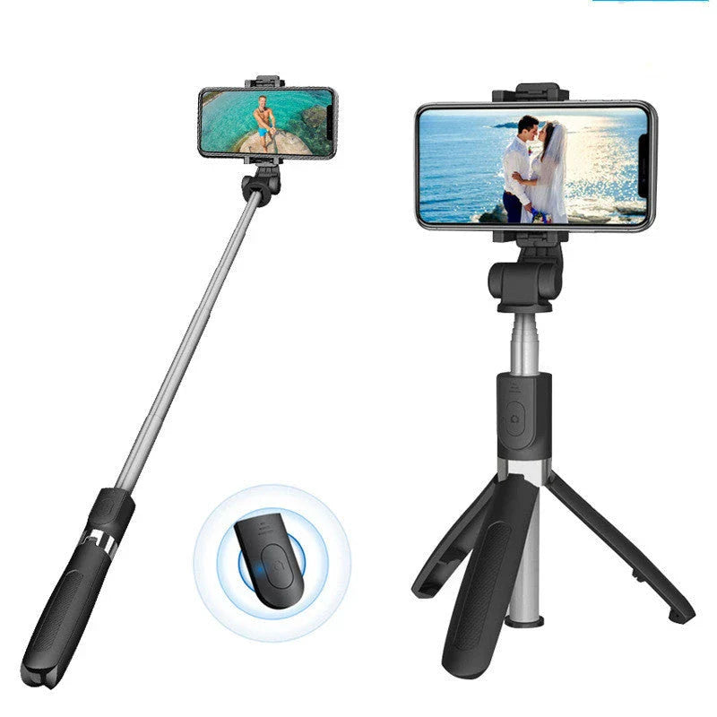 Adjustable Bluetooth selfie stick with remote control and tripod for iPhone, ideal for capturing full-body and hands-free mobile photos