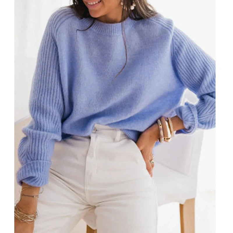 European Milk Blue Bedford Cord Sweater with round collar and long sleeves