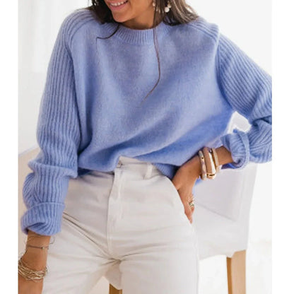 European Milk Blue Bedford Cord Sweater with round collar and long sleeves