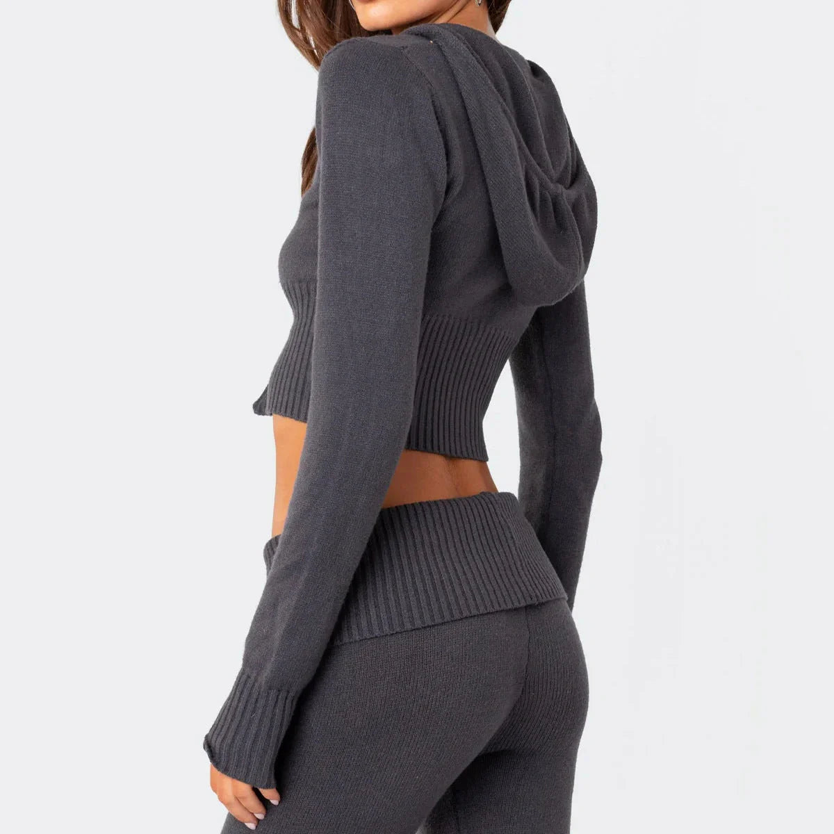 Women's knitted hooded suit with zipper cropped top and flared pants in solid colours