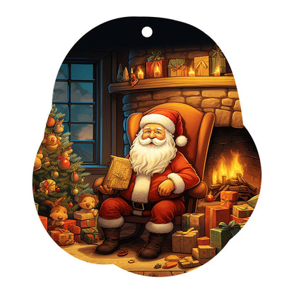 Festive car ornament hanging from rearview mirror with Christmas designs