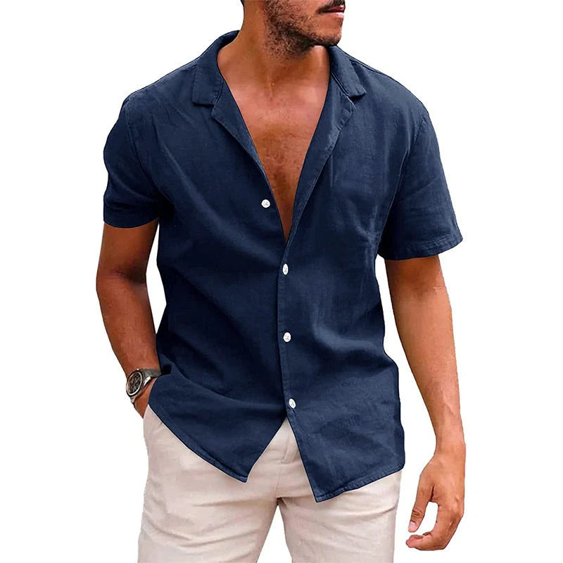 Men's casual linen-cotton blend short sleeve button-down shirt in various colours