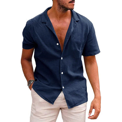 Men's casual linen-cotton blend short sleeve button-down shirt in various colours