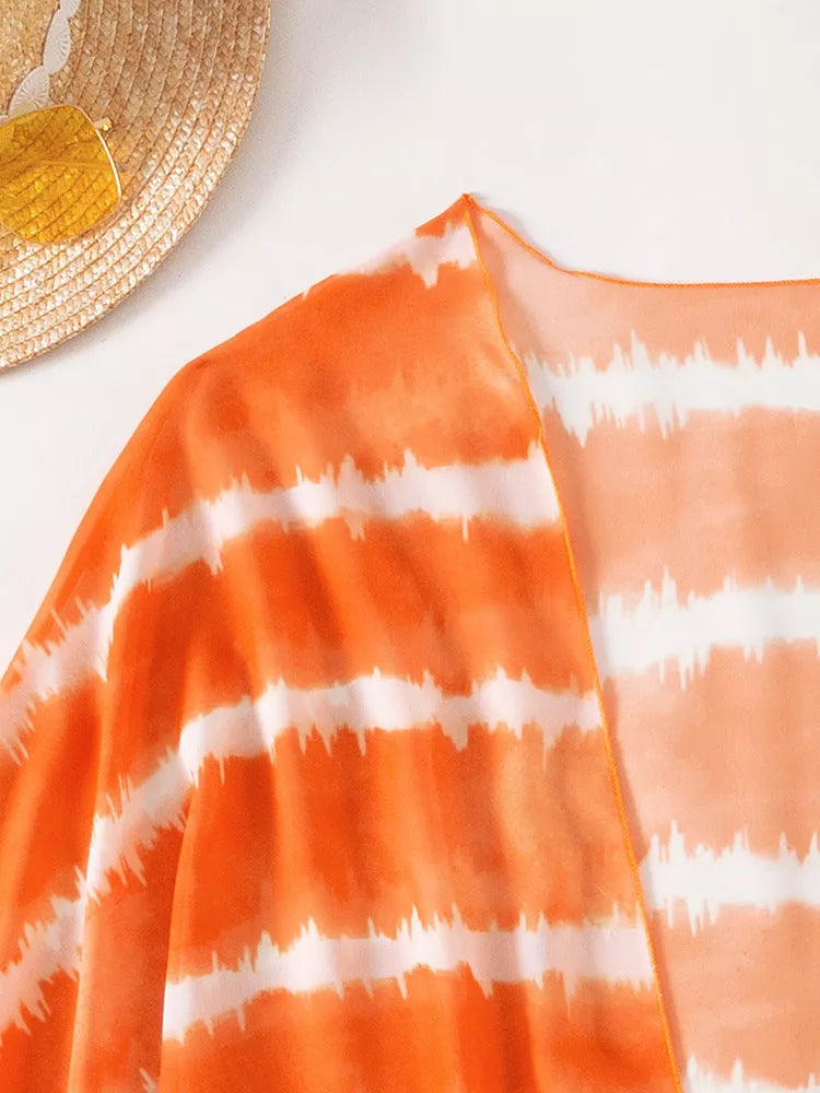 Women's orange nylon chiffon three-piece swimsuit with chest cushion