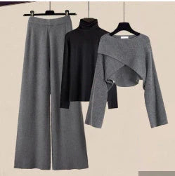 Women's 3-piece knitted sweater suit with shirt and wide leg pants in grey and white