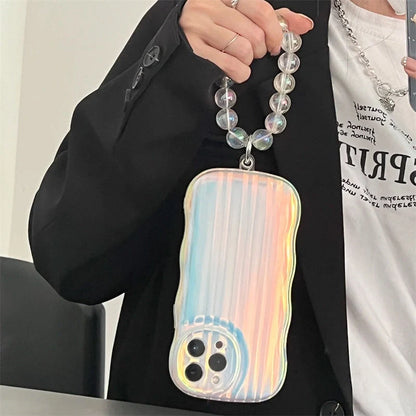 Laser Wave Silicone Phone Case with gradient laser stripes and bead chain for iPhone