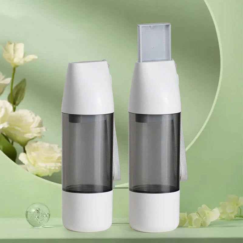 Portable pet water bottle with food container compartment, made of durable ABS plastic and silicone for outdoor use