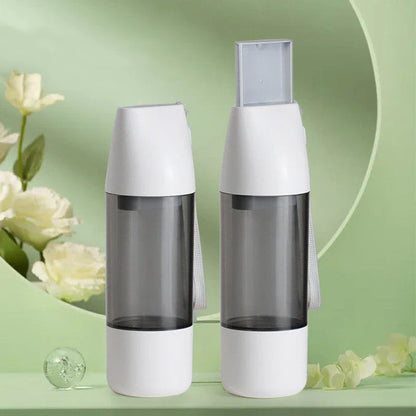Portable pet water bottle with food container compartment, made of durable ABS plastic and silicone for outdoor use
