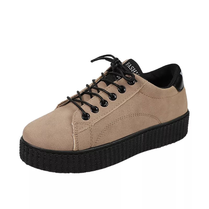 Women's black and khaki lace-up sports shoes with thick rubber sole