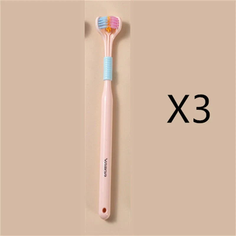 Soft bristle toothbrush with 3-sided brush head for thorough dental cleaning