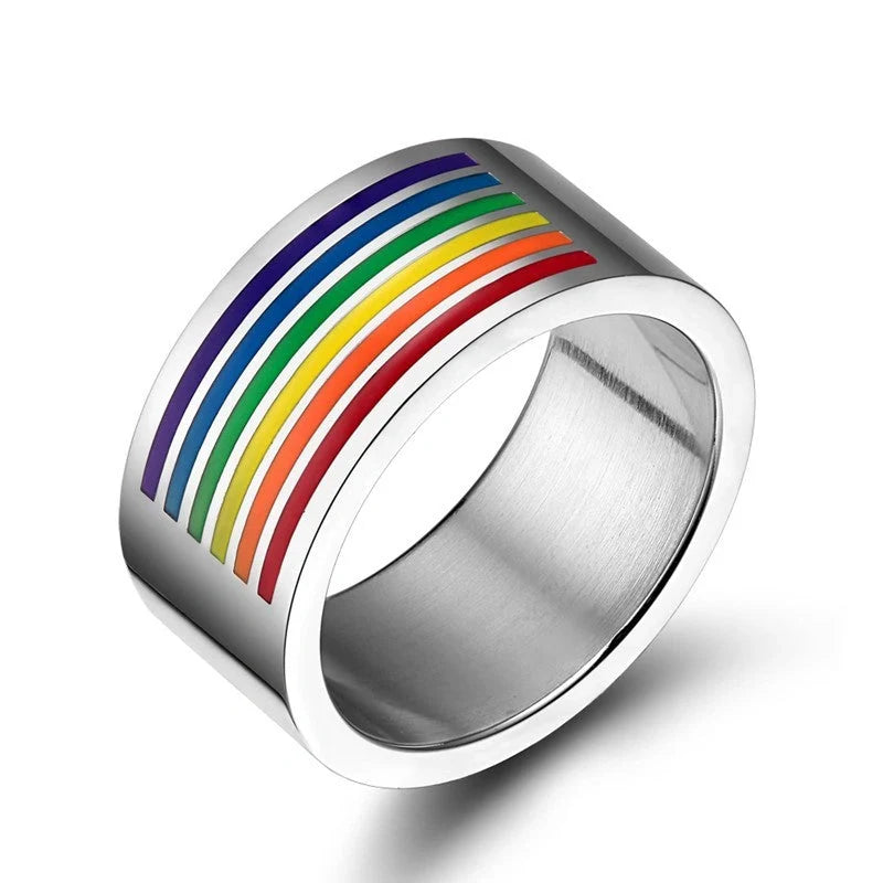 Stylish Pride Rainbow Titanium Steel Unisex Ring with vibrant color design and geometric pattern