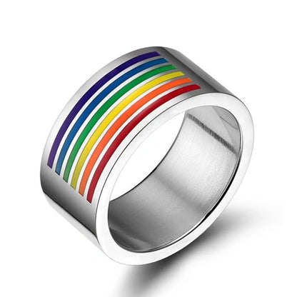 Stylish Pride Rainbow Titanium Steel Unisex Ring with vibrant color design and geometric pattern