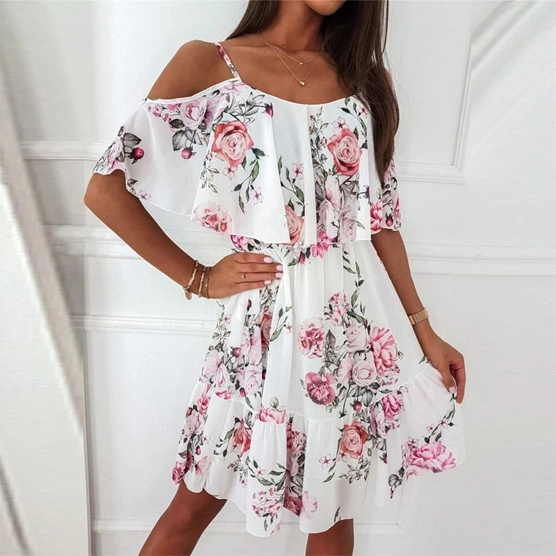Flower printed ruffled suspender dress for women in summer