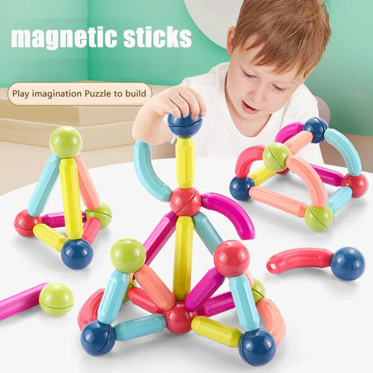 Versatile magnetic construction set with various building blocks and rods, allowing children to create imaginative structures and models