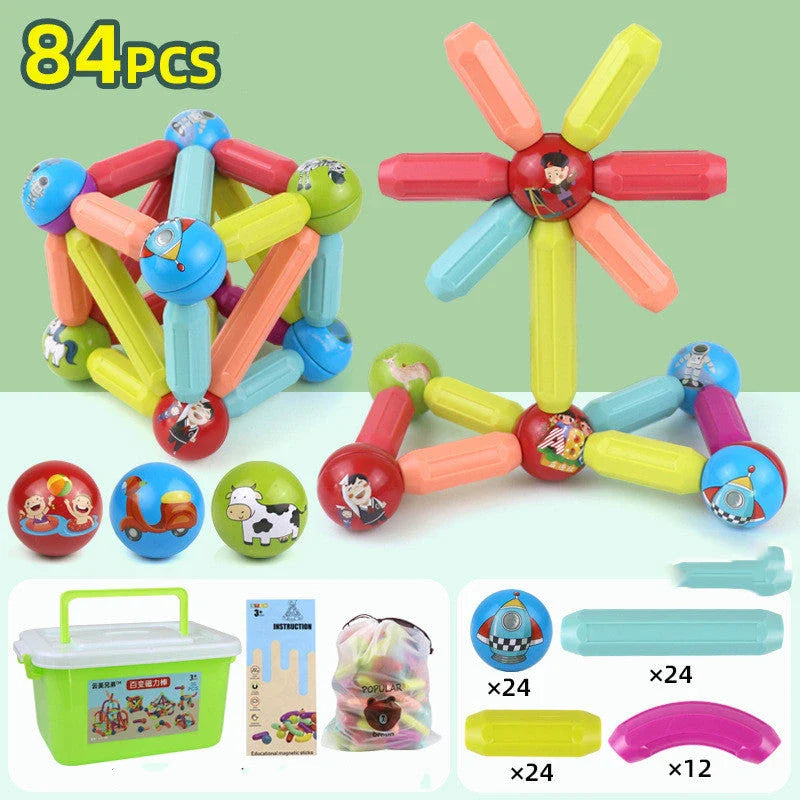 Versatile magnetic construction set with various building blocks and rods, allowing children to create imaginative structures and models