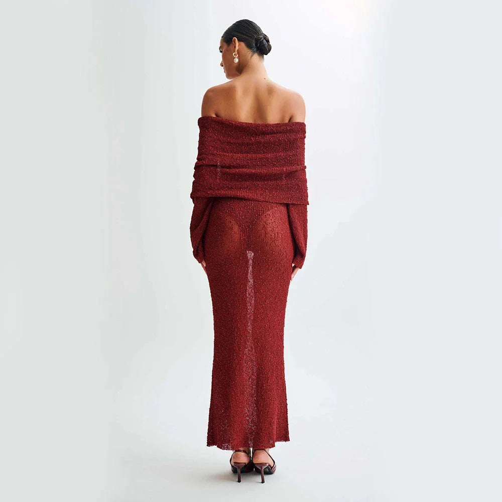 A one-shoulder knit maxi dress in various colors, perfect for beach vacations and summer events.