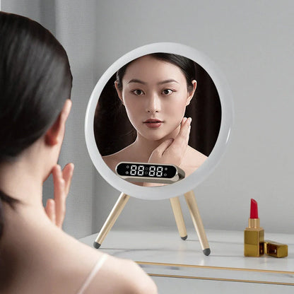 Multi-function LED mirror alarm clock with wireless charging and Bluetooth speaker in blue and white
