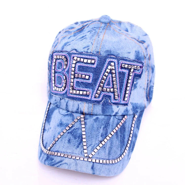 Stylish Korean denim baseball cap with sparkling rhinestones for spring fashion