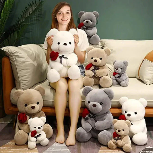 Soft and huggable teddy bear plush pillow in brown, beige, and grey colors