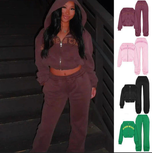 Retro Zip-Up Sports Suit with Cropped Sweatshirt and Drawstring Pants in Black, Green, Wine Red, and Pink