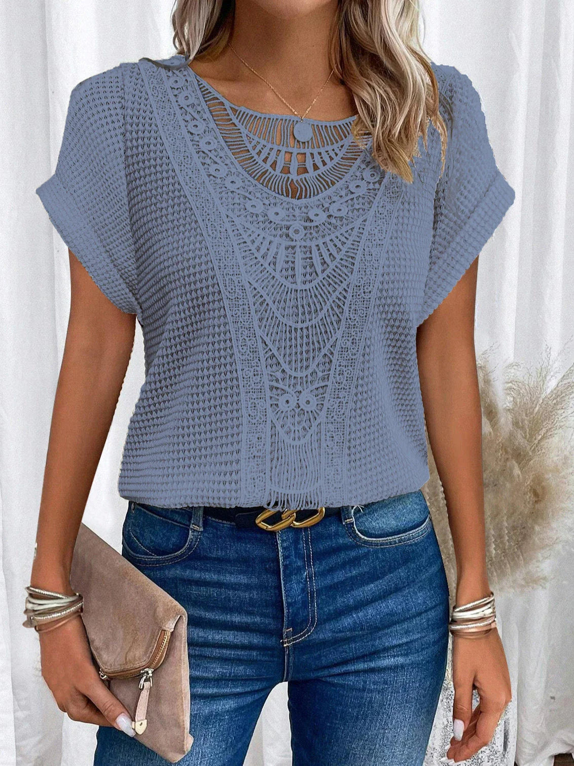 Trendy hollowed-out short-sleeve t-shirt for women in various colors and sizes