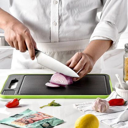 Versatile cutting board with dual-sided design, grinding teeth, and built-in whetstone for efficient chopping, grinding, and knife sharpening in the kitchen