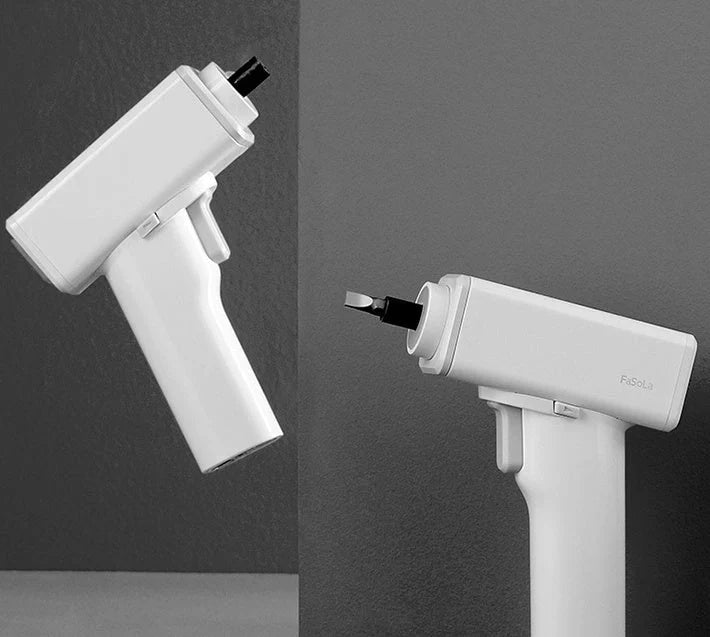 Compact white electric screwdriver with LED light and USB charging
