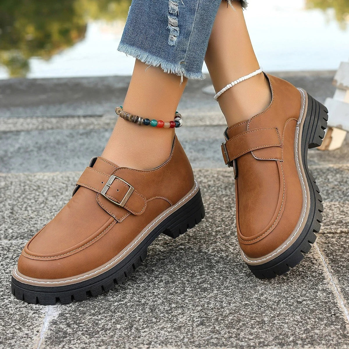 British style buckle loafers for women with thick soles in black and brown