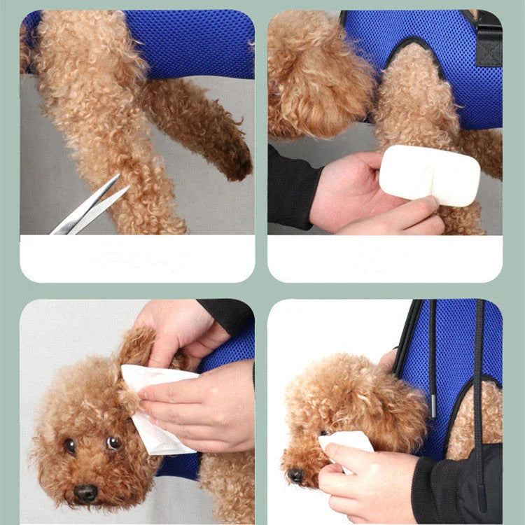Adjustable pet grooming hammock with straps, buckles, comb, and nail clipper for convenient nail trimming and bathing of cats and dogs